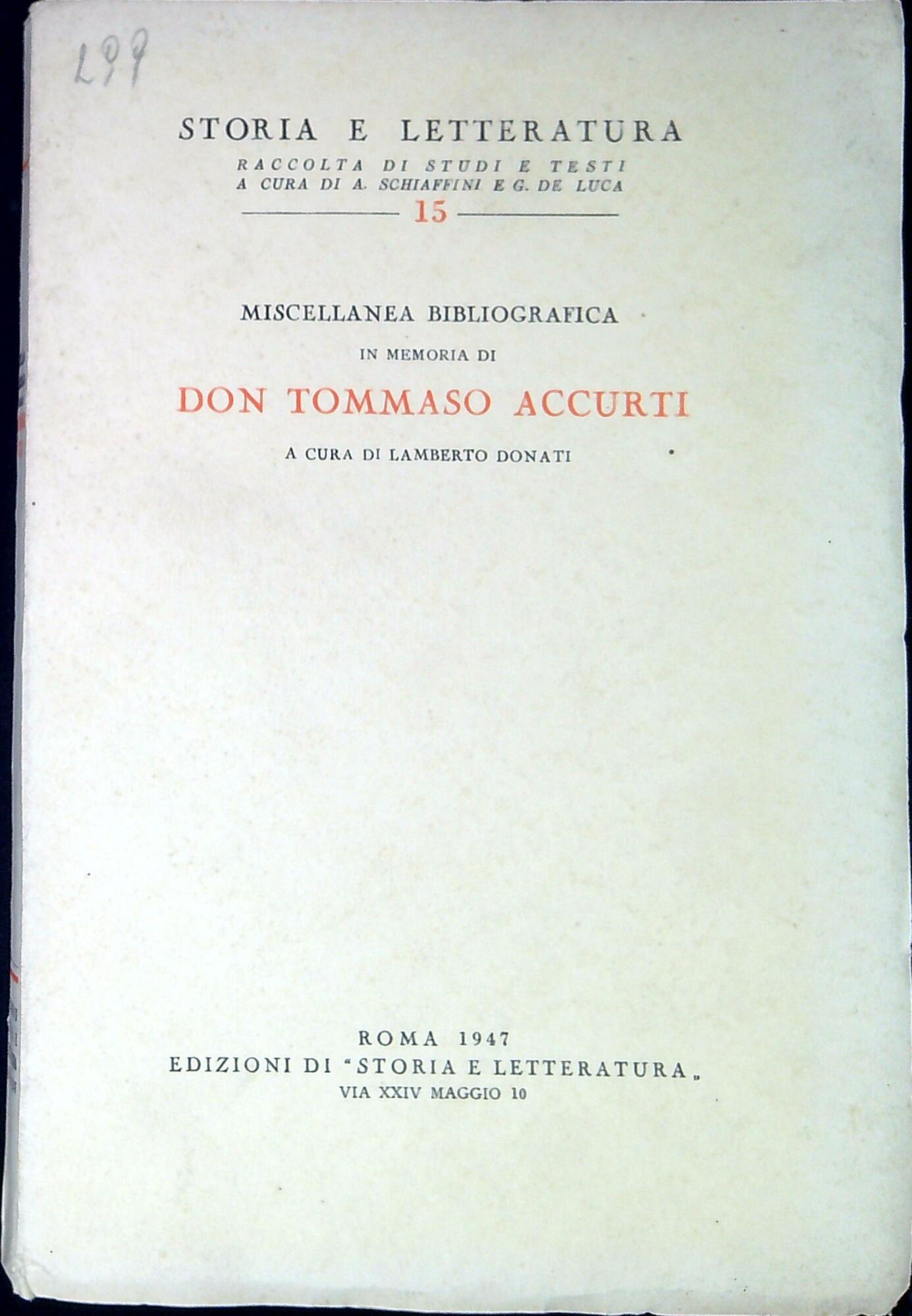 Miscellanea bibliografica in memoria di don Tommaso Accurti