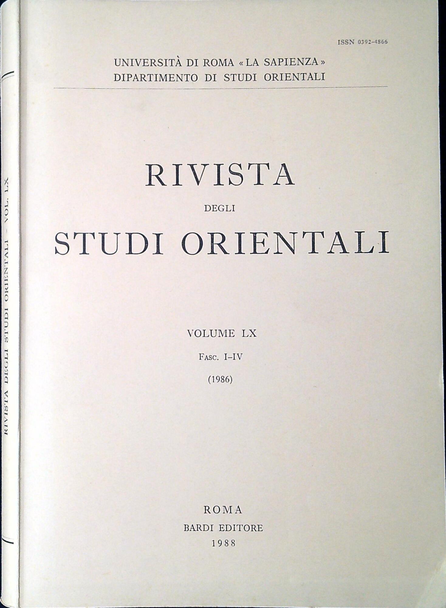 Rivista degli Studi orientali. Volume 60 Fasc-1-4 1986