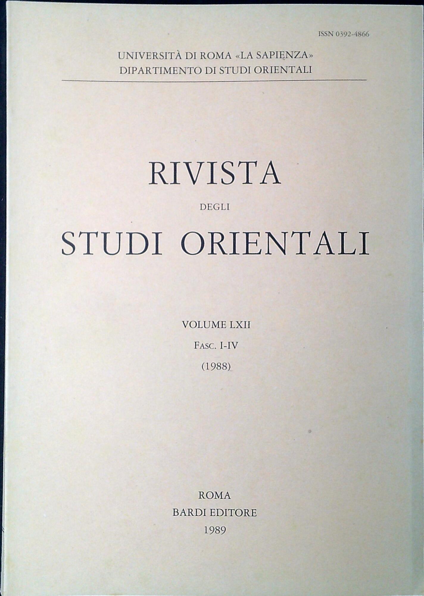 Rivista degli Studi orientali. Volume 62 Fasc-1-4 1988