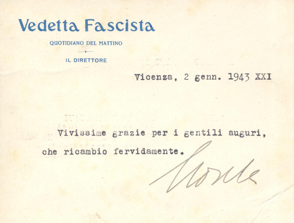*Vedetta Fascista, quotidiano del mattino di Vicenza. Auguri dei Direttore …