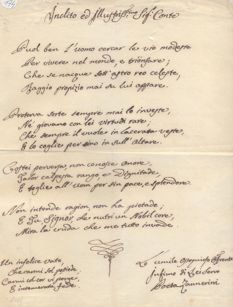 Zannerini. Poeta. Bella poesia autografa su carta dei primi '800.