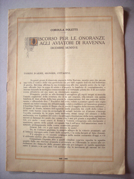 Discorso per le onoranze agli Aviatori di Ravenna.