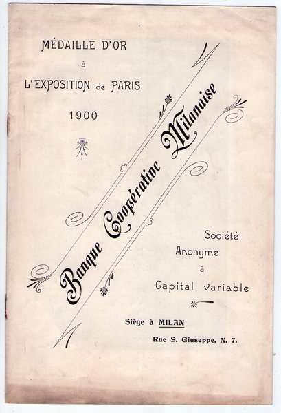 Banque Cooperative Milanaise. Medaille d'or a l'exposition de Paris 1900.