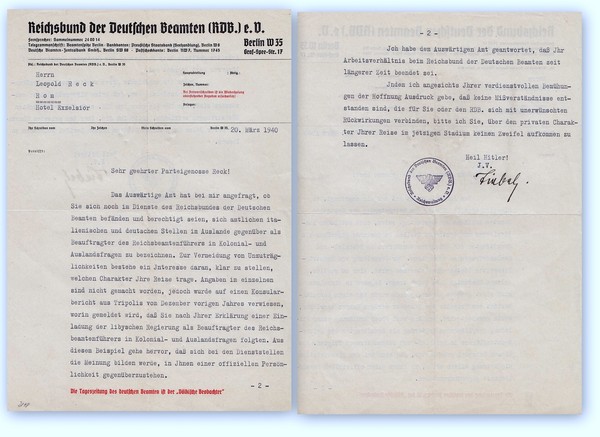 Richiamo del Ministro degli esteri tedesco a Leopoldo Reck 20 …