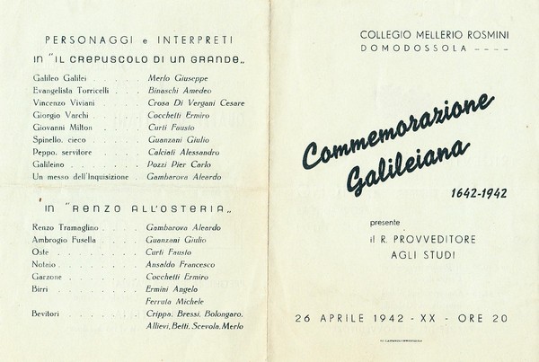 Collegio Mellerio Rosmini Domodossola. Commemorazione Galileiana 1642 - 1942. 26 …