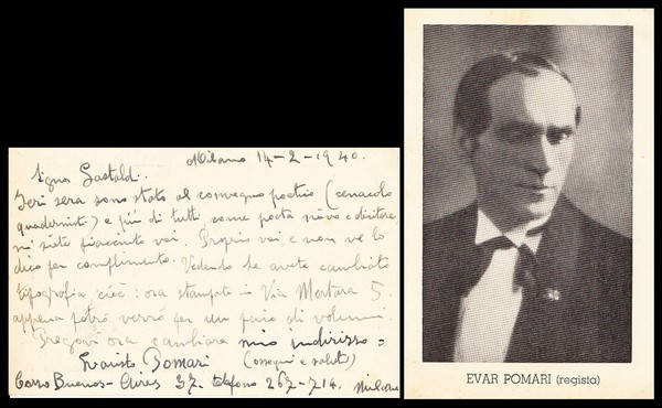 Evaristo Evar Pomari. Regista. cartoncino fotografico manoscritto e firmato