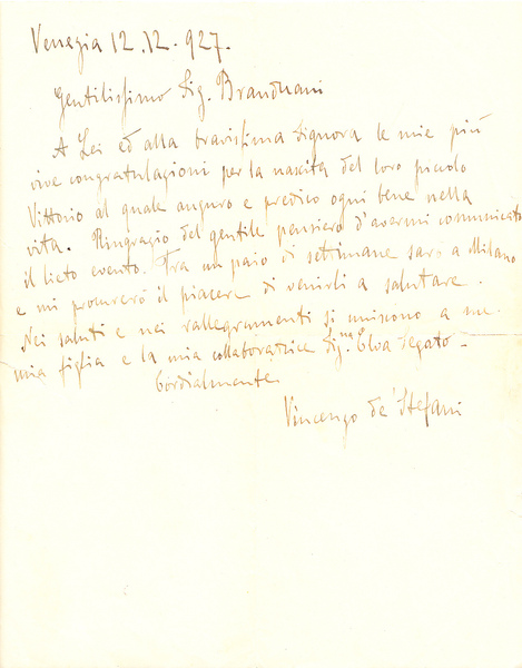 Vincenzo De Stefani. (Verona 1859 – Venezia 1937). Pittore. Lettera …