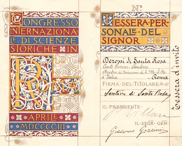 Congresso Internazionale di Scienze Storiche in Roma aprile 1903. Tessera …