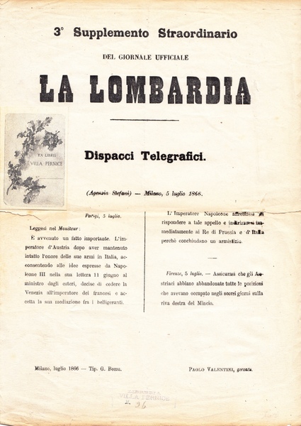 3 Supplemento Straordinario del giornale ufficiale La Lombardia. Dispacci Telegrafici. …