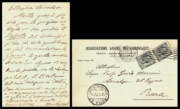 Mario Panizzardi. Scrittore, giornalista dell'Associazione Ligure dei Giornalisti, Genova. Cartolina …