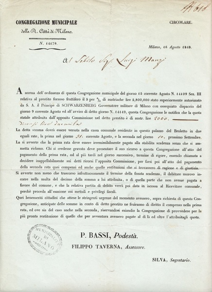 Congregazione municipale della R. Città di Milano. Circolare n. 24179 …