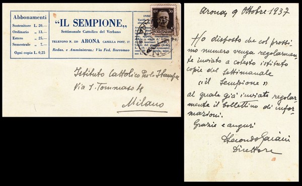 Il Sempione. Settimanale Cattolico del Verbano Arona. Cartolina editoriale manoscritta …