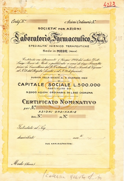 Laboratorio Farmaceutico S.I.T. Specialità Igienico Terapeutiche Mede, Pavia. Certificato Nominativo, …
