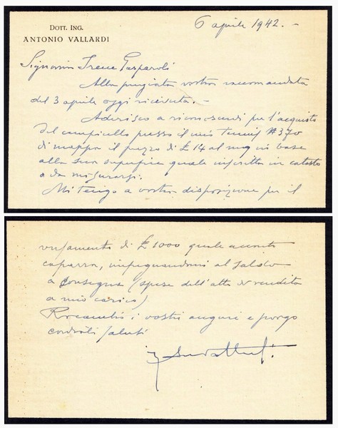 Antonio Vallardi. Editore e tipografo milanese. Biglietto manoscritto e firmato.