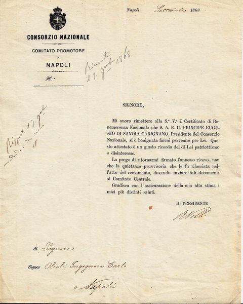 Consorzio Nazionale. Certificato di Benemerenza di Eugenio di Savoia Carignano …