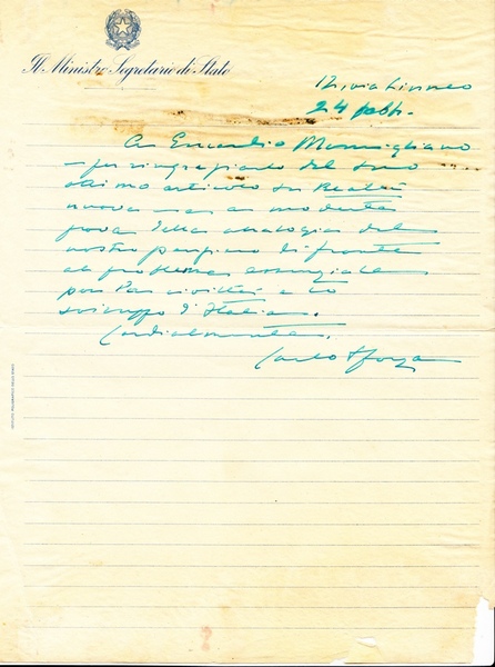 Carlo Sforza. (Lucca, 1872 – Roma, 1952). Diplomatico e politico …