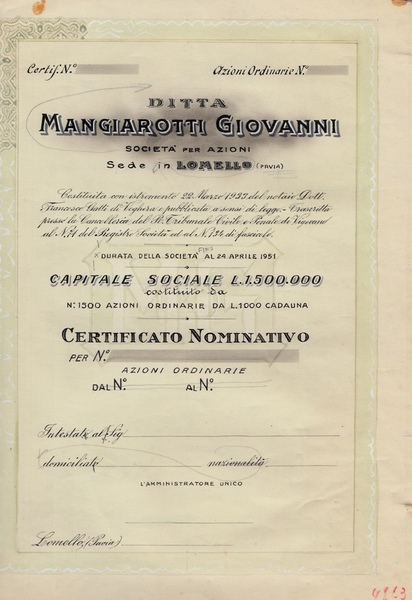 Ditta Mangiarotti Giovanni Lomello Pavia. Certificato nominativo, azioni ordinarie. Bozza …