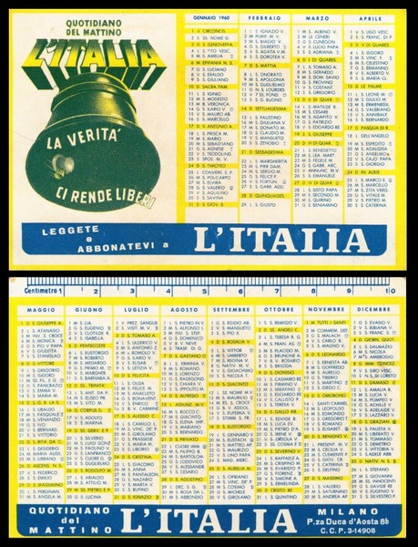 Calendario, calendarietto de L'Italia, quotidiano del mattino per il 1960.