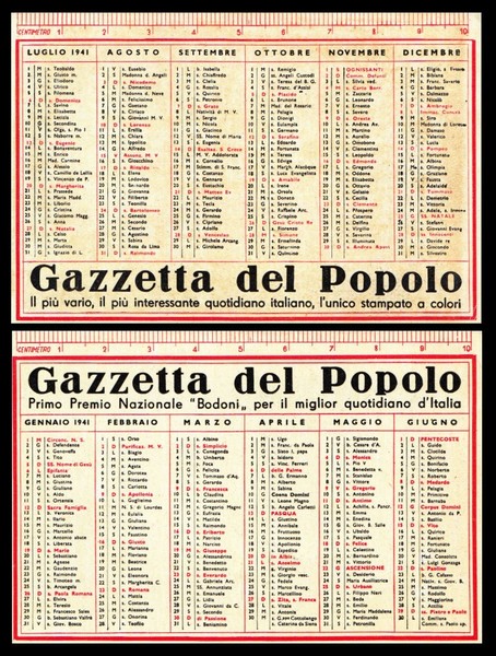 Calendario, calendarietto plastificato della Gazzetta del Popolo 1941.