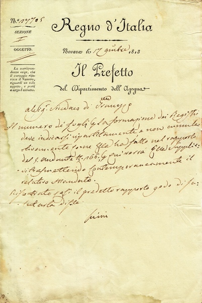 Stefano Luini. Barone e Prefetto dell'Agogna, Novara, Documento manoscritto e …