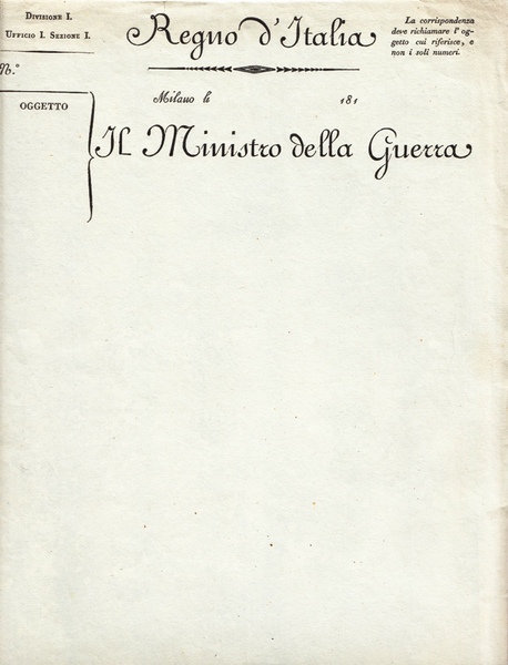 Regno d'Italia. Il Ministro della Guerra. Carta intestata vuota.