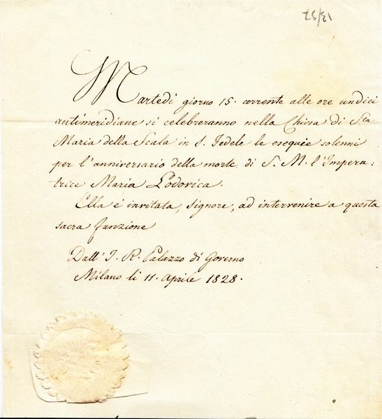 Invito manoscritto alle esequie per l'anniversario della morte di S. …