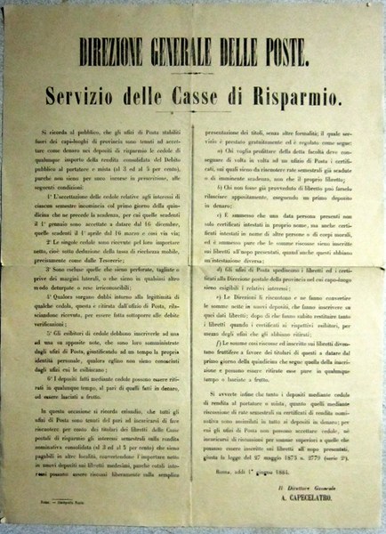 Direzione Generale delle Poste. Servizio delle Casse di Risparmio. Avviso. …