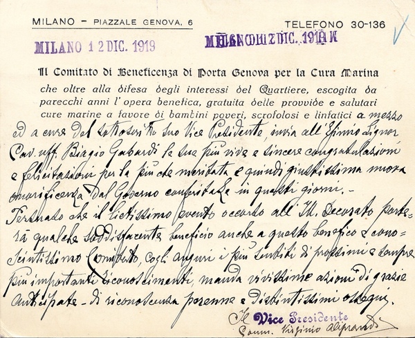 Virginio Aliprandi. Commendatore e Vice Presidente del Comitato di Beneficenza …