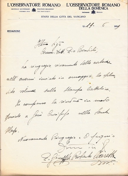 Giuseppe Roberto Claretta. Giornalista dell'Osservatore Romano della Congregazione degli Oblati …