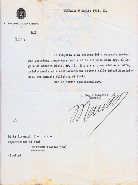 Giovanni Marchi. Ministro d'Italia in Svizzera a Berna. Comunicazione firmata …