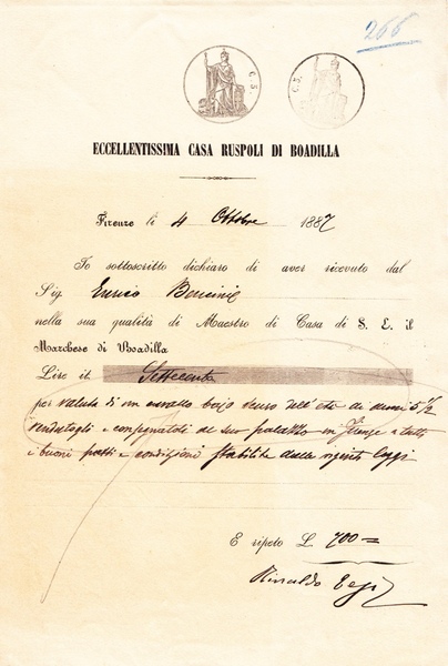 Eccellentissima Casa Ruspoli di Boadilla. Ricevuta di pagamento datata Firenze, …