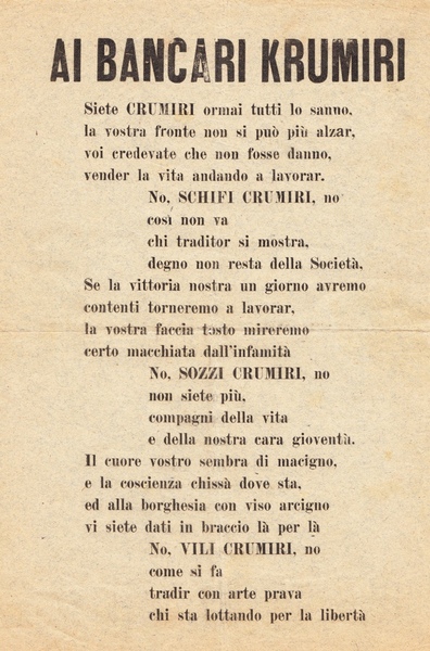 Ai bancari krumiri. Poesia testo di protesta.