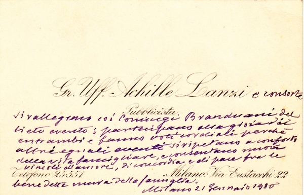 *Achille Lanzi. Giornalista e pubblicista. Biglietto da visita manoscritto.
