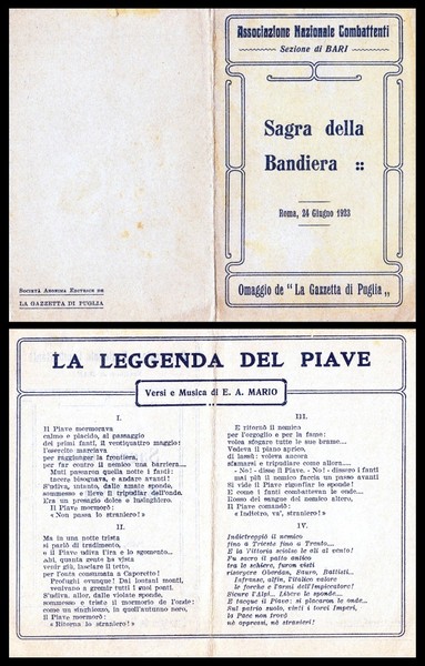 Associazione Nazionale Combattenti. Sezione di Bari. Sagra della Bandiera. Roma, …