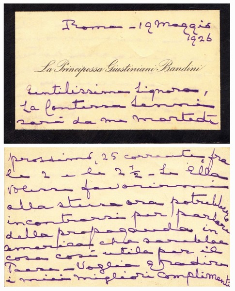 *Principessa Giustiniani Bandini. Nobile. Biglietto da visita manoscritto.
