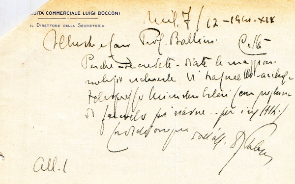 Girolamo Palazzina. Direttore storico della Segreteria dell'Università Bocconi. Comunicazioni con …