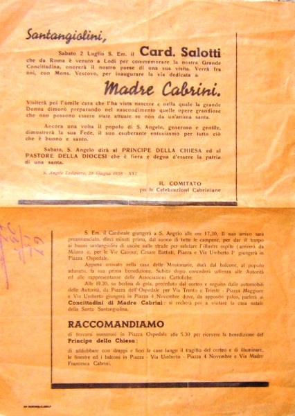 Comitato per le Celebrazioni Cabriniane Sant'Angelo Lodigiano 28 Giugno 1938. …