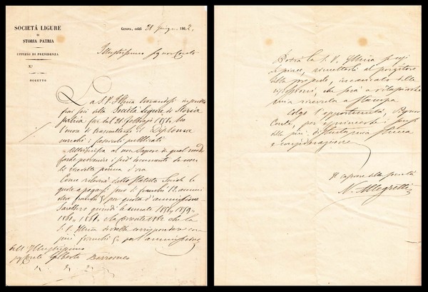 Società Ligure di Storia Patria. Lettera manoscritta e firmata su …