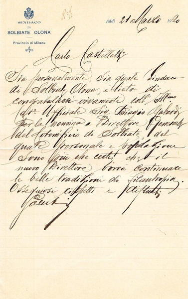 Solbiate Olona. Lettera manoscritta e firmata del Sindaco su carta …