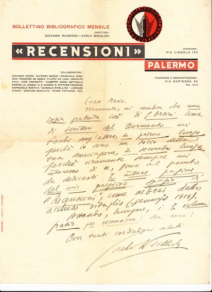 Recensioni. Bollettino bibliografico mensile Palermo. Lettera manoscritta e firmata del …