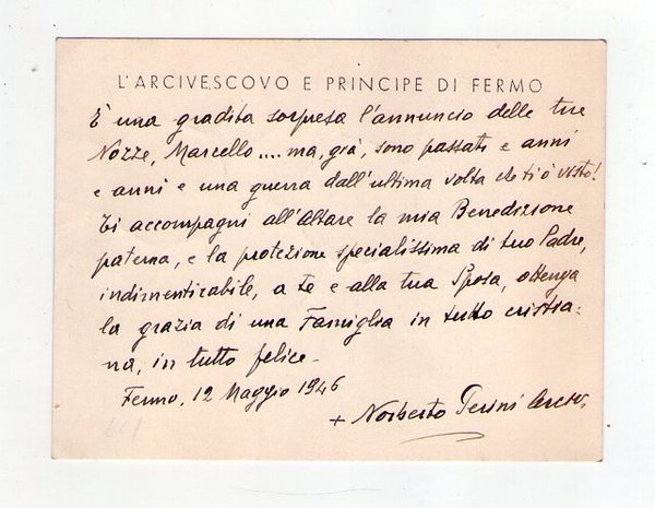 Norberto Perini. Arcivescovo e Principe di Fermo. Biglietto manoscritto e …