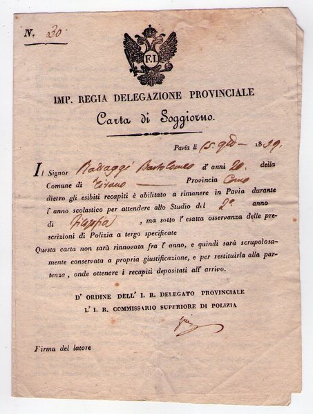 Imp. Regia Delegazione Provinciale. Carta di Soggiorno. Pavia 15 giugno …