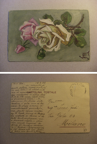 Cartolina dipinta a mano ROSE F.M. 1932 (fiori)