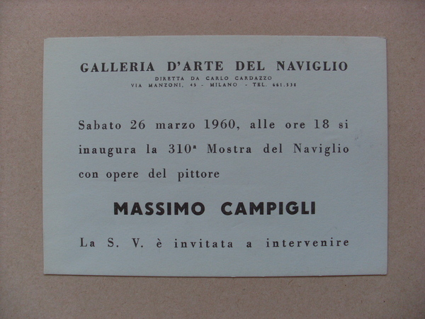 Cartolina / invito Mostra MASSIMO CAMPIGLI. Galleria d´Arte del Naviglio …