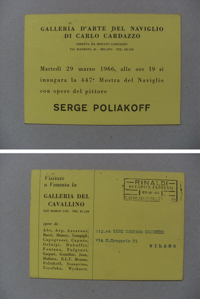 Cartolina / invito Mostra SERGE POLIAKOFF. Galleria d´Arte del Naviglio …