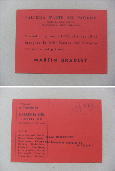 Cartolina / invito Mostra MARTIN BRADLEY. Galleria d´Arte del Naviglio …