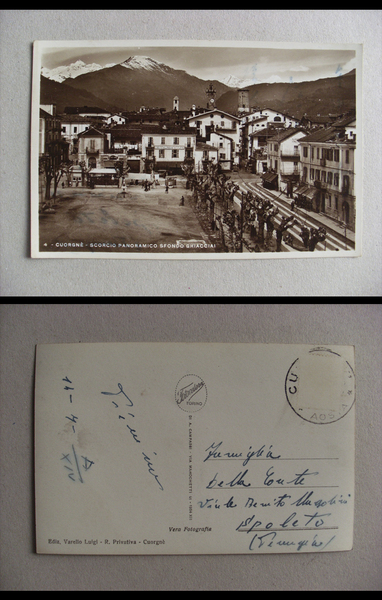 Cartolina / postcard Cuorgnè (Torino) Scorcio panoramico sfondo ghiacciai 1936