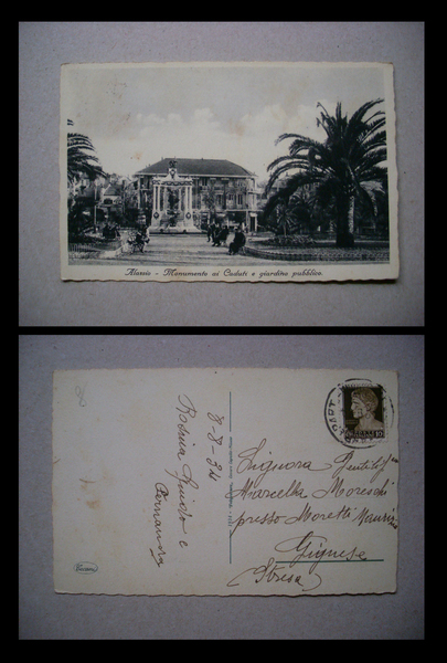 Cartolina ALASSIO (Savona) Monumento ai Caduti e giardino pubblico 1934