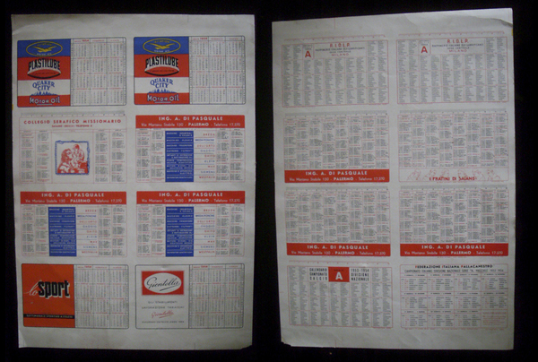 Foglio calenri ancora da tagliare 1954"Calendario Campionato Calcio.Motor Oil.Collegio Serafico …