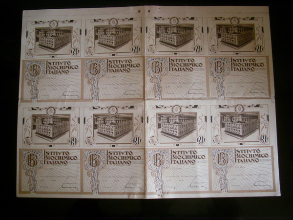 Foglio tessere ancora da tagliare ISTITUTO BIOCHIMICO ITALIANO Milano. Anni´30